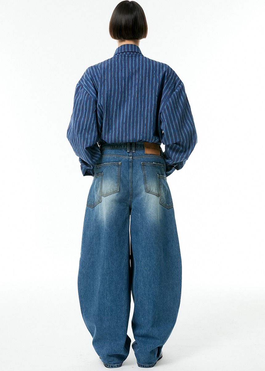 stripe laser washing denim baggy pants (blue)